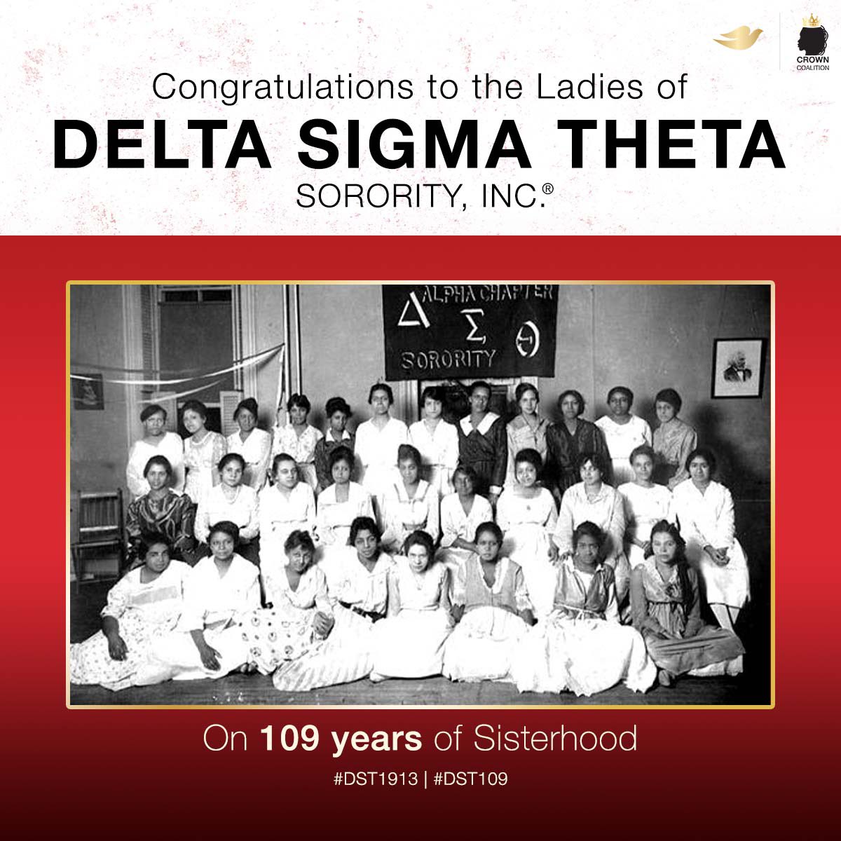thecrownact's tweet image. Happy Founders Day to the illustrious women of @dstinc1913.

We celebrate your legacy and leadership in sisterhood, scholarship, service, and social action.

You wear your crowns well! Cheers to 109 years and counting! 👑🎉👏🏾

#DST1913 #DST109
#TheCROWNAct #CROWNCoalition