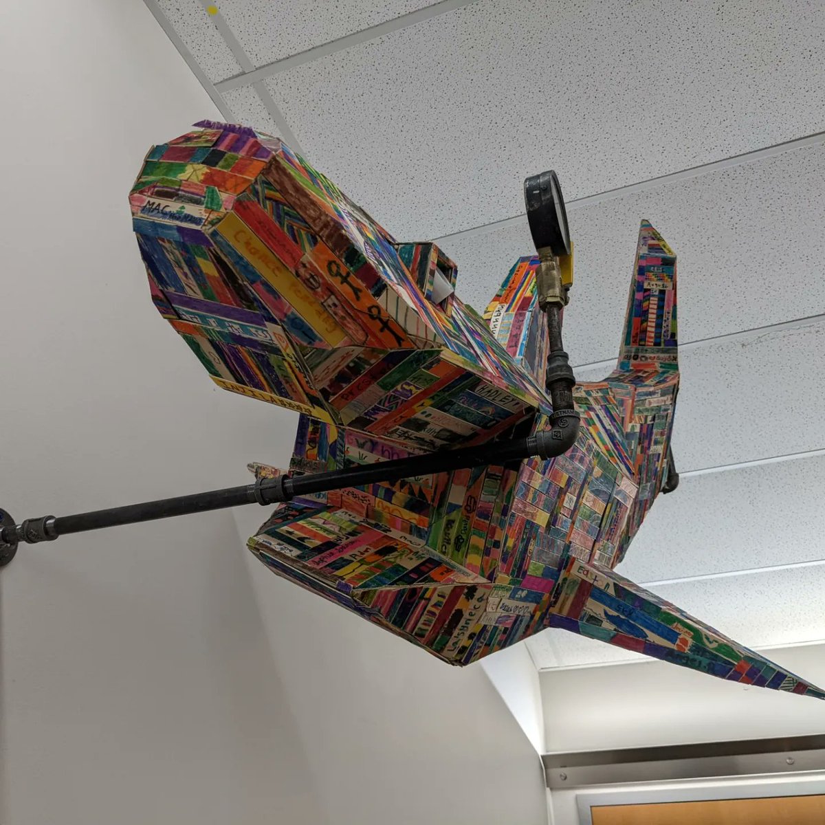 schmillustrator's tweet photo. The Shark is up!  900+ @ReadingCSD staff and students contributed thousands of little sticks to color this 6 foot beast hanging in the 5th grade ELA space.  Thanks to everyone who took part and to our maintenance team for setting it up! https://t.co/BzEeBrJ87p