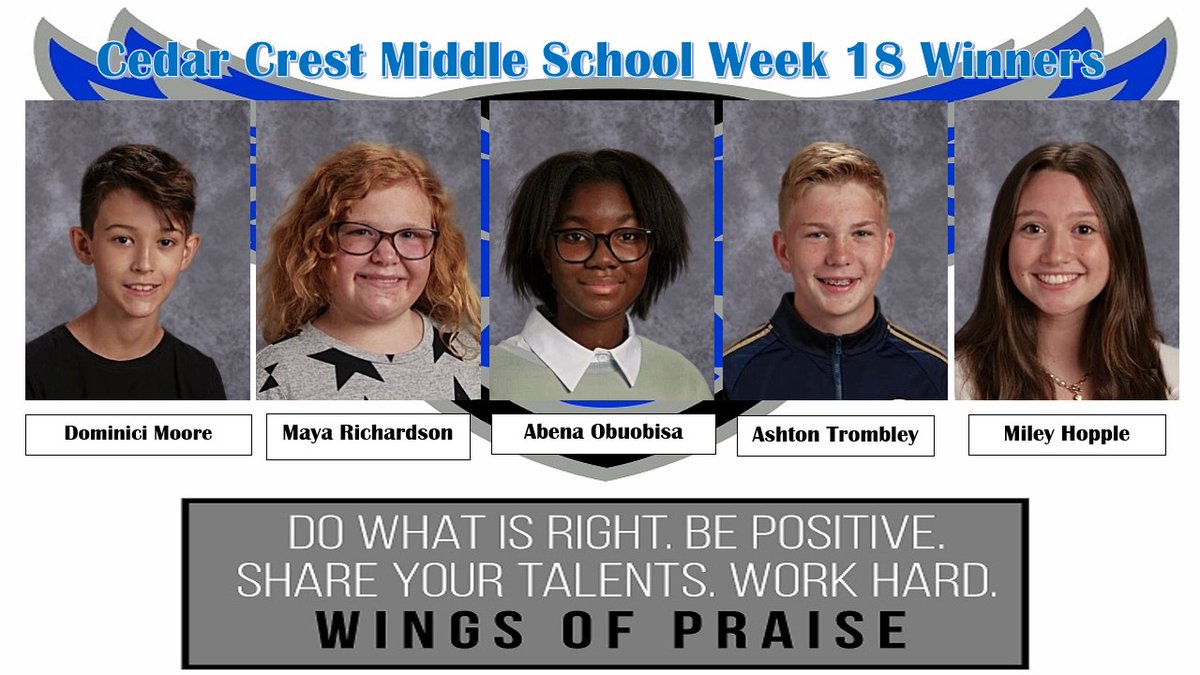 MrFulkersonEB's tweet photo. Congratulations to our Week #18 #WINGSofPRAISE winners at Cedar Crest Middle School. 
@DrRackleyCCMS
@CCMSStudentLife
@SLebFalcons
 @EbenezerElSch
@cwelementary https://t.co/gonciMdXjt