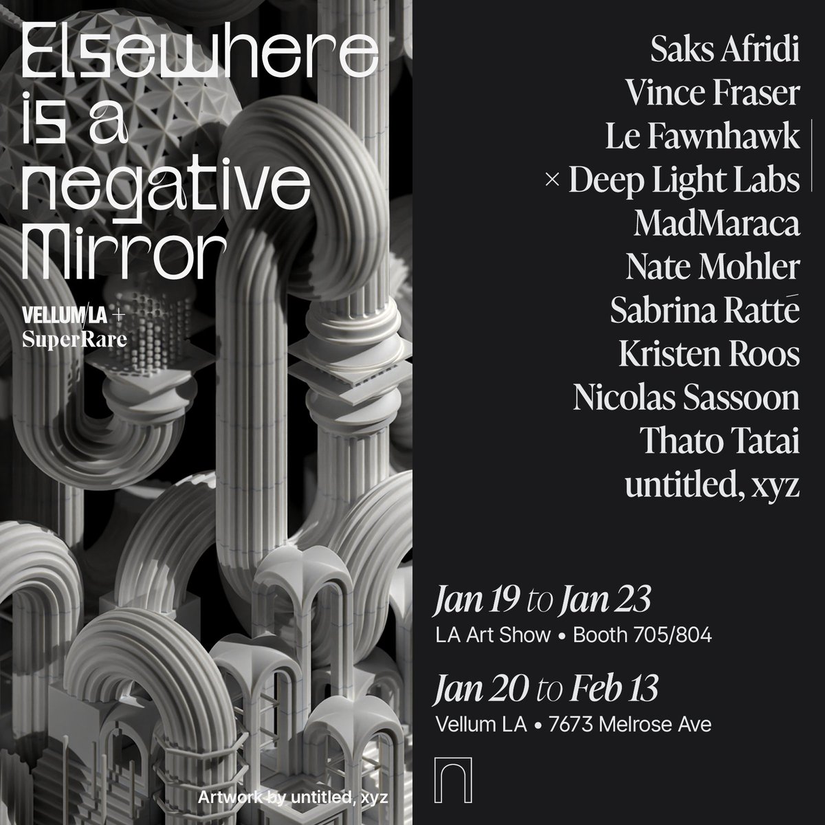 🪞 Elsewhere is a Negative Mirror 🪞 

/ live <a href="/SuperRare/">SuperRare</a> + <a href="/vellumla/">Vellum LA</a> on Jan 19th 
/ curated by <a href="/casualtimetravl/">Sinziana Velicescu</a> + <a href="/JesseDamiani/">Jesse Damiani</a> 
/ about : vellumla.com/elsewhere-is-a…