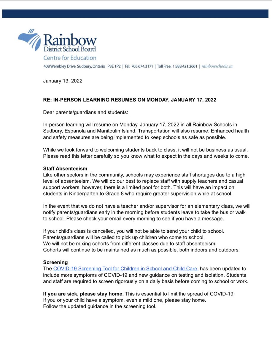 NEW: Ontario school boards warning that classes may be cancelled on short notice. Here’s a board saying if a supply teacher isn’t available, parents will be notified by email in the morning. “If your child’s class is cancelled, you will not be able to send your child to school.”