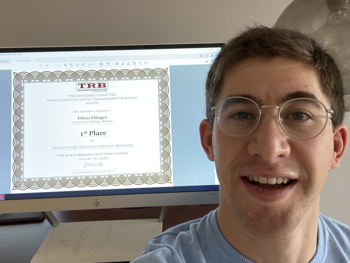 BerkeleyITS's tweet photo. Congrats to @UCBSafeTREC @CSCRSinfo Road Safety Fellow &amp; @ced_berkeley, @Cal_Engineer grad student Ethan Ebinger for being honored w/ @trbacs10 First Place for his presentation "Alternative Traffic Enforcement to Re-Center Road Safety"!! 🌟👏 @BerkeleyITS #TRBAM @NASEMTRB https://t.co/1RWaDX6qSJ