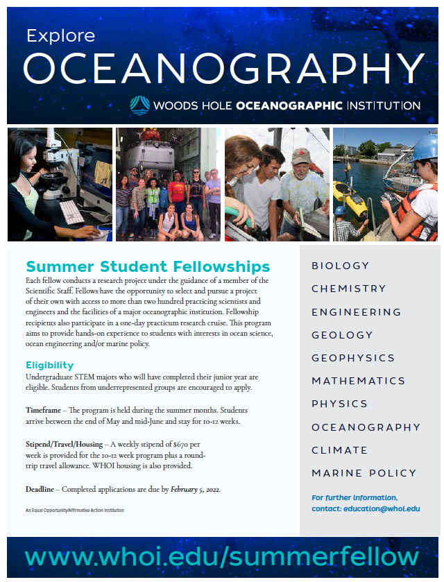 WHOI_Academic (@whoi_academic) on Twitter photo Paid undergraduate summer research opportunity <a href="/WHOI/">Woods Hole Oceanographic Institution (WHOI)</a>. Find program details, application and 2022 potential projects here: whoi.edu/summerfellow
Apply by Feb 5!
#OceanScience #OceanEngineering #MarinePolicy #DiversityInSTEM #WHOIssf Paid undergraduate summer research opportunity <a href="/WHOI/">Woods Hole Oceanographic Institution (WHOI)</a>. Find program details, application and 2022 potential projects here: whoi.edu/summerfellow
Apply by Feb 5!
#OceanScience #OceanEngineering #MarinePolicy #DiversityInSTEM #WHOIssf
