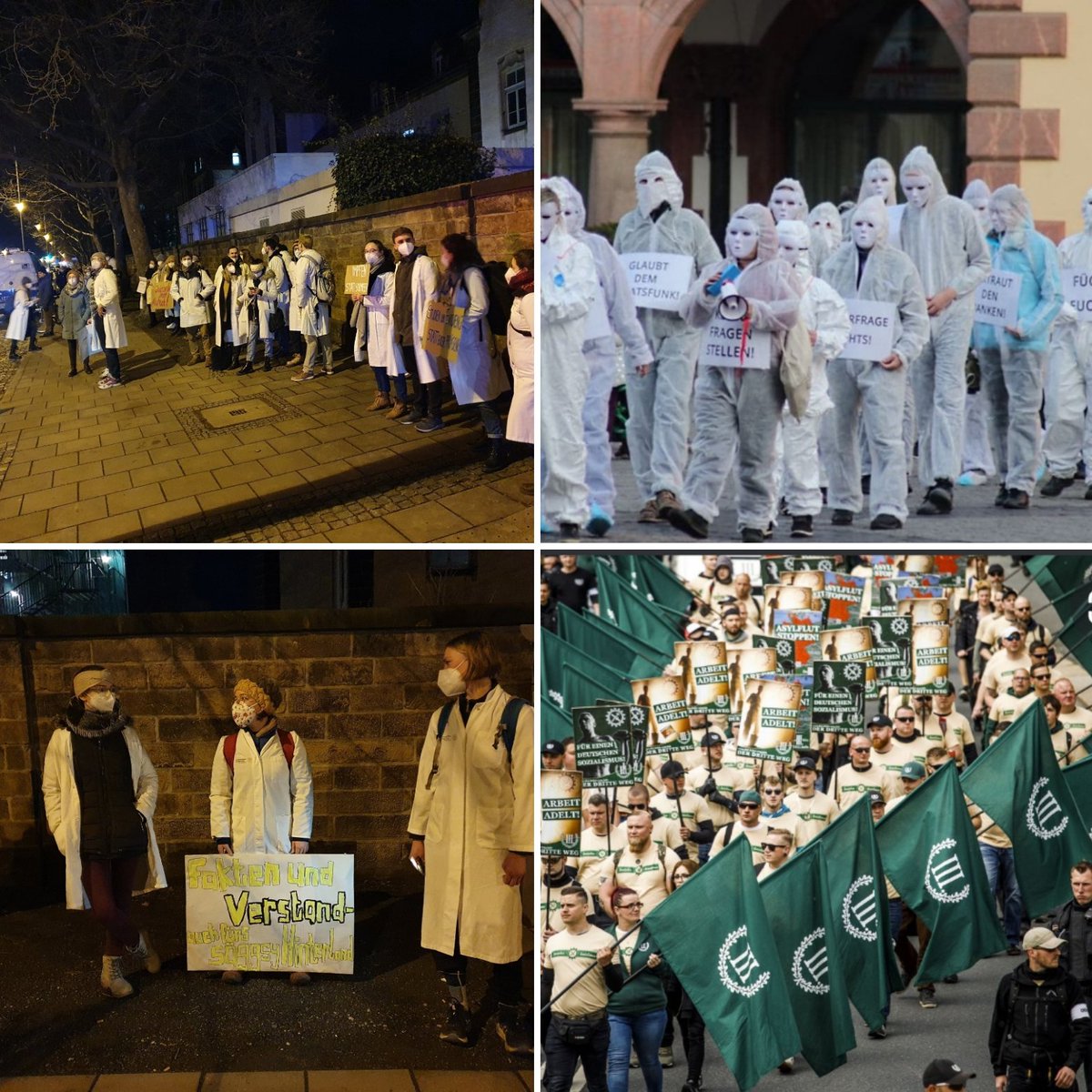 TheRealHusti's tweet photo. Links: Gegenprotest von Medizinstudent*innen heute in Dresden, vor der Klinik gekesselt, ID, mögliche Anzeige wegen Uniformierung
Rechts: Querdullies und Nazi-Demos, brav von der Polizei begleitet, kein Verstoß und keine Anzeigen wegen Vermummungsverbot oder Uniformierung
🤷♀️ https://t.co/TVNKlZghLS