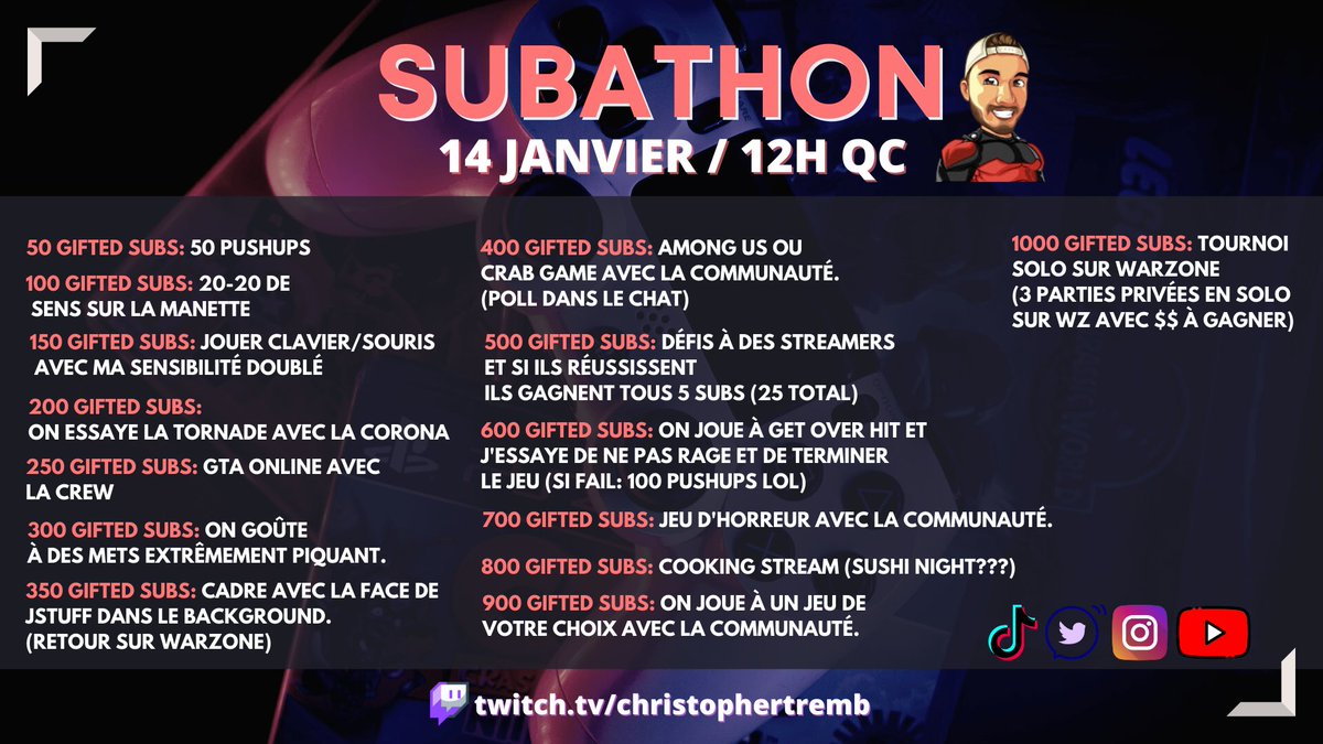 CChristremb's tweet photo. Gros Subathon de prévu ce vendredi à partir de 12 heures! Soyez présent car ça risque d'être un stream assez mémorable. Extrêmement hâte de tripper avec vous! 🤟🏽 https://t.co/kIhoYfqofT