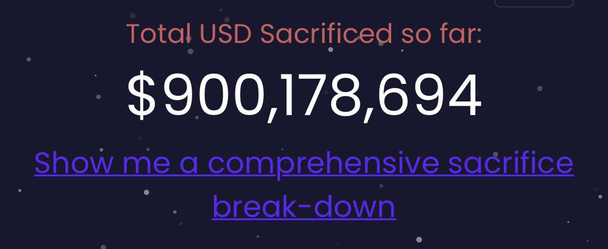 Over $900 MILLION Sacrificed so far for #PulseX 🤯🤯🤯 when will we cross a Billy? <a href="/RichardHeartWin/">Richard Heart</a> total 🐐 If you “missed the boat” on #Hex day 1, or #PulseChain sacrifice, don’t miss your chance to be in on the ground floor of what is surly going to be another home run! 💪🏽🤌🏽🙏🏽