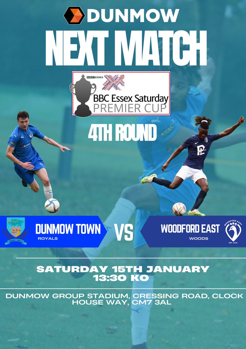 dunmowtownfc's tweet photo. NEXT MATCH:
๐
: Saturday January 15th
๐: 1:30PM
๐: @WoodfordEastFC
๐: The Dunmow Group (@DunmowWaste ) Stadium, Cressing Road, Clockhouse Way, CM7 3AL
๐: @BBCEssex Saturday Premier Cup Fourth Round
๐: FREE
#ROYALS #YourTown #YourTeam #YourClub
๐ต๐ด https://t.co/4Sq1U9UzZb