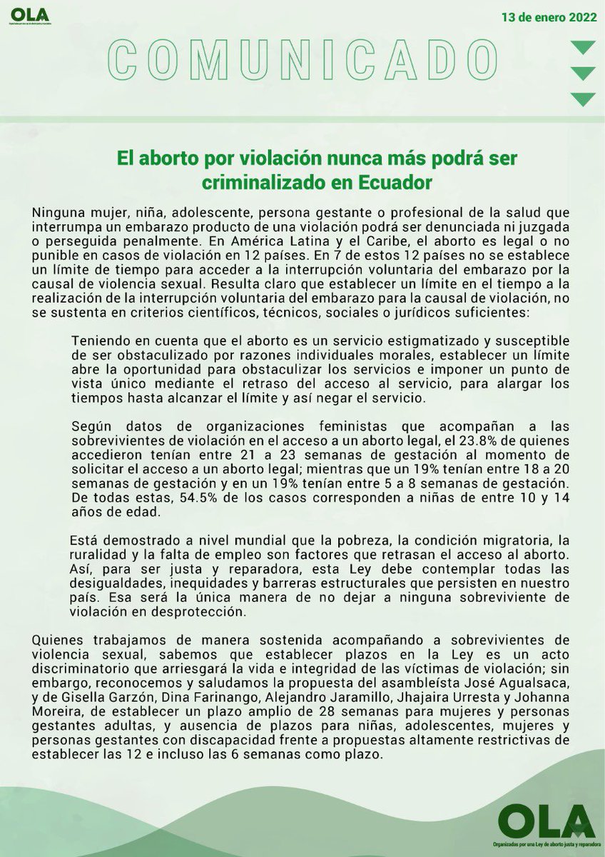 SurkunaEc's tweet photo. 🟣COMUNICADO 
Desde la plataforma OLA, Organizadas por una Ley de Aborto justa y reparadora, que integra a más de 43 organizaciones y redes del Ecuador: 
#AbortoPorViolación #LeyJustaYReparadora https://t.co/USxHFImgF4