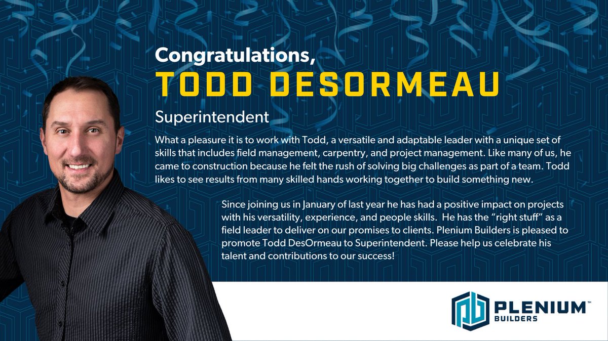 pleniumbuilders's tweet photo. Congratulations, Todd! We are glad to have you aboard as a Superintendent—doing what you were born to do! #celebratetheteam #pleniumbuilders https://t.co/WJGcwQPF60