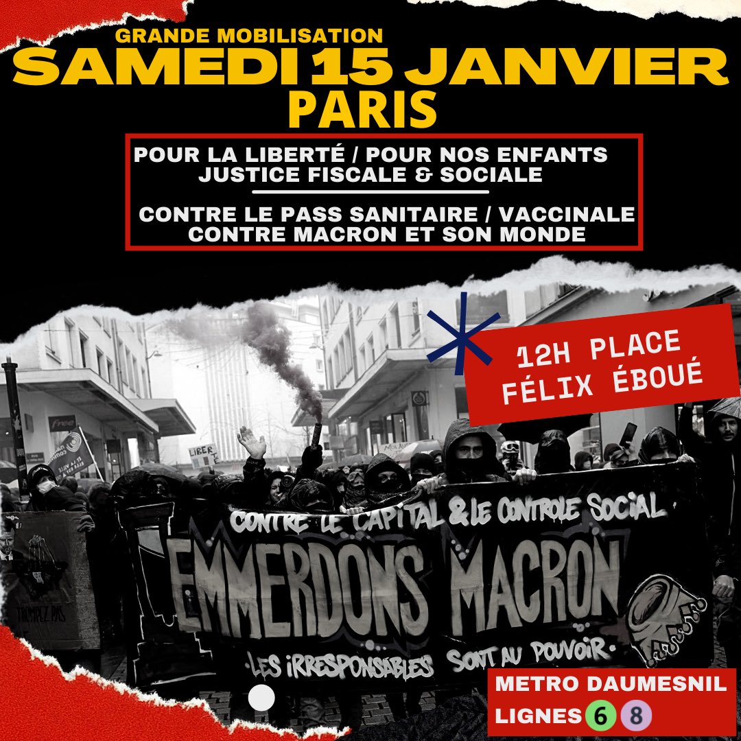 vecumedia's tweet photo. 🚨INFO MOBILISATION #PARIS🚨

#France #DictatureSanitaire #Manifs15janvier #Manif15janvier #PassVaccinal #PassSanitaireDeLaHonte #PasseSanitaire #PassSanitaires #PassVaccinalDeLaHonte #giletsjaunes #manifestation15janvier https://t.co/VtFMwja2fR
