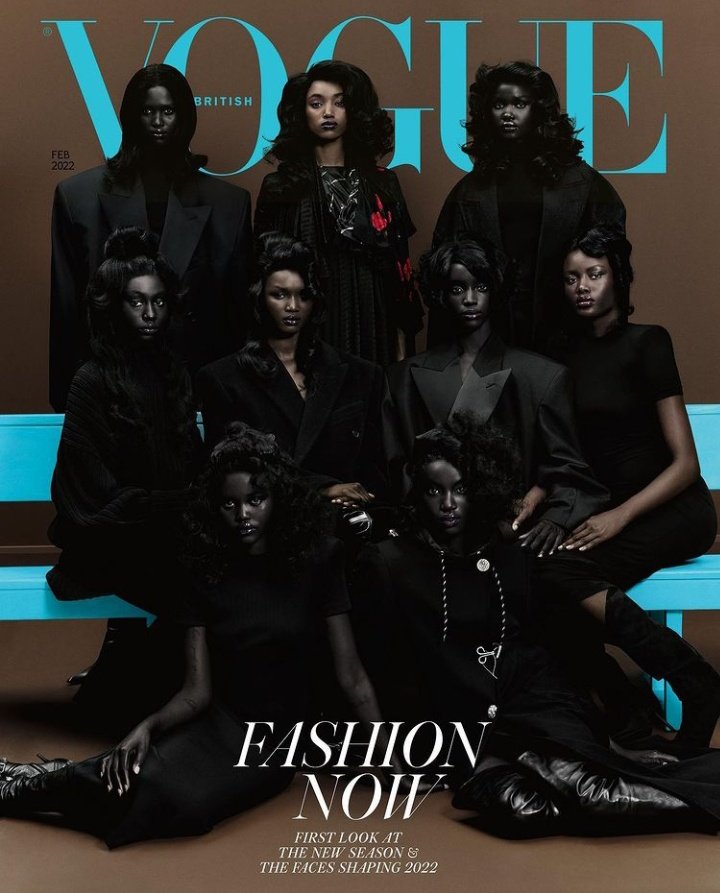 ModelsFacts's tweet photo. ’FASHION NOW’ 

Amar Akway, Majesty Amare, Akon Changkou, Nyagua Ruea, Abeny Nhial, Maty Fall, Janet Jumbo, Adut Akech and Anok Yai by Rafael Pavarotti covering British Vogue (February 2022) https://t.co/escjq2A0pp