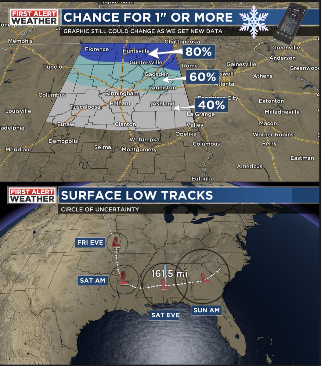 jillgilardi's tweet photo. Still uncertainty regarding the track of the low but based on a blend of model data here’s where we think the best chance as of now for 1” or more of snowfall ❄️on Sunday! #WBRCFirstAlert https://t.co/W0KrvgXhJh