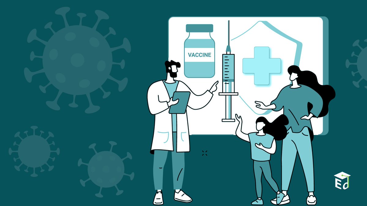 figures of doctor, parent, and child standing around and pointing at COVID-19 Vaccine