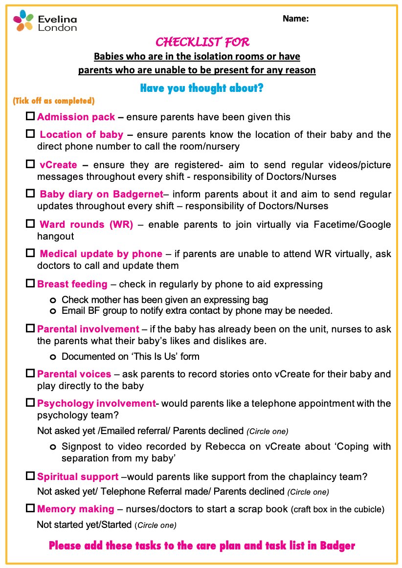 Nikki Crowley (@drnikkijcrowley) on Twitter photo Sharing the checklist we made for staff to use on the neonatal unit <a href="/EvelinaLondon/">Evelina London</a> in case it helpful for other units whilst so many parents are isolating or unable to be as present as they would like to be <a href="/Drhammadkhan/">Hammad Khan</a> <a href="/Neonatalpsych/">Rebecca Chilvers 💙</a> <a href="/Lainawoody/">Elaine Wood</a> <a href="/vCreateNeonatal/">vCreate Neonatal</a> #ficare Sharing the checklist we made for staff to use on the neonatal unit <a href="/EvelinaLondon/">Evelina London</a> in case it helpful for other units whilst so many parents are isolating or unable to be as present as they would like to be <a href="/Drhammadkhan/">Hammad Khan</a> <a href="/Neonatalpsych/">Rebecca Chilvers 💙</a> <a href="/Lainawoody/">Elaine Wood</a> <a href="/vCreateNeonatal/">vCreate Neonatal</a> #ficare