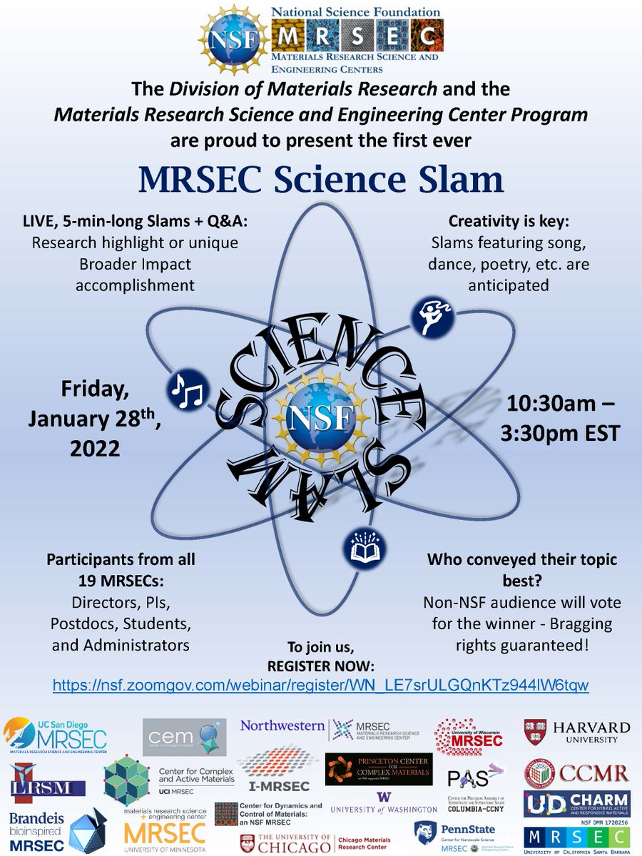 UWMRSEC's tweet photo. Register now for the MRSEC Science Slam! Jan 28th, 10:30 am to 3:30 pm via Zoom. The Slam will highlight science from Materials Research Science and Engineering Centers from around the country, including the Wisconsin MRSEC! https://t.co/clLyyhzZWj