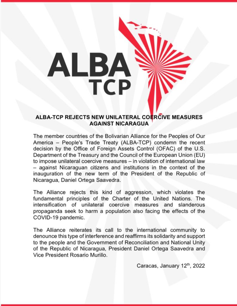 ALBATCP's tweet photo. #Communiqué | ALBA-TCP rejects new unilateral coercive measures against Nicaragua.
#AllianceForLife https://t.co/iaBxlsKtd6