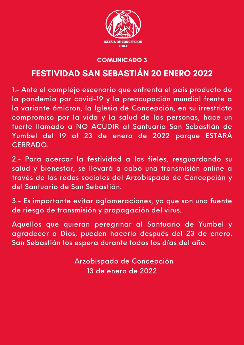 Comunicado Festividad San Sebastián 2022 📌

#Comunicado #iglesiadeconcepcion #sansebastian #enero2022 #sansebastian2022 #Yumbel #iglesia