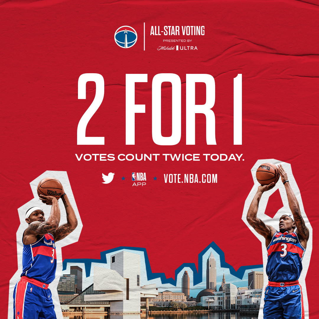 WashWizards's tweet photo. Get your votes in because they count twice today!

1 RT = 2 Votes for @RealDealBeal23 for #NBAAllStar ⭐️

#DCAboveAll | @MichelobULTRA https://t.co/YQDJ1UDlSu