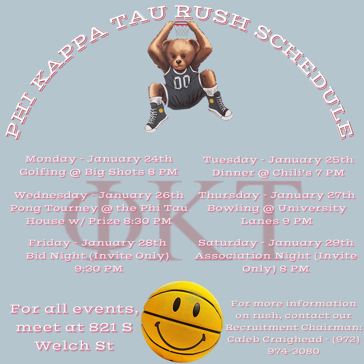 With the start of the semester around the corner, Phi Kappa Tau is excited to announce our rush week! If you have any questions, just DM us here or text our recruitment chair Caleb!