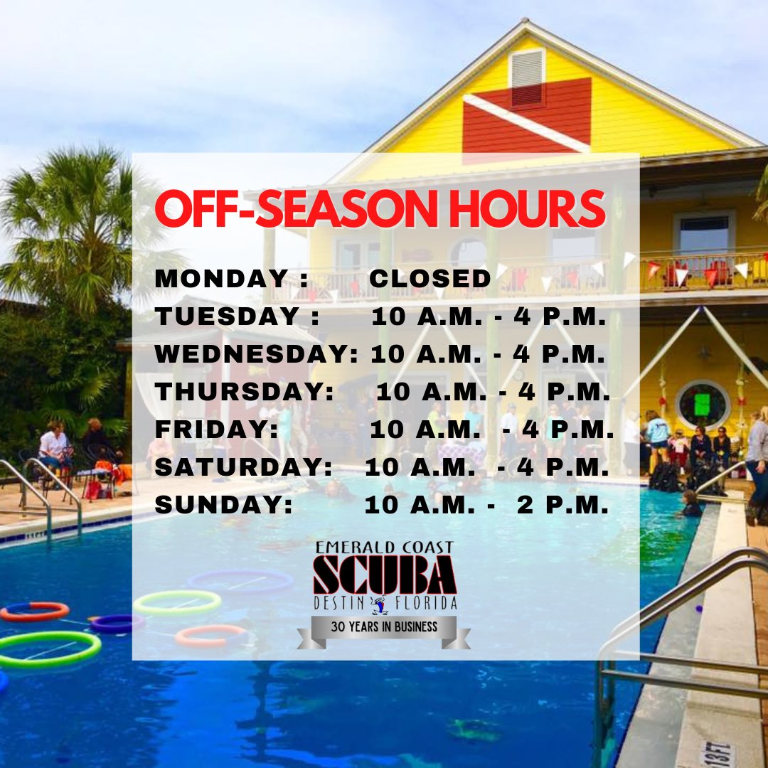 Heads up! 
🤿Have you seen our off-season hours have started? 
We’re taking this downtime to get the boats ready, catch up on inventory, and to get ready for some fintastic surprises coming soon! 
#scuba #scubaschool #scubadiver