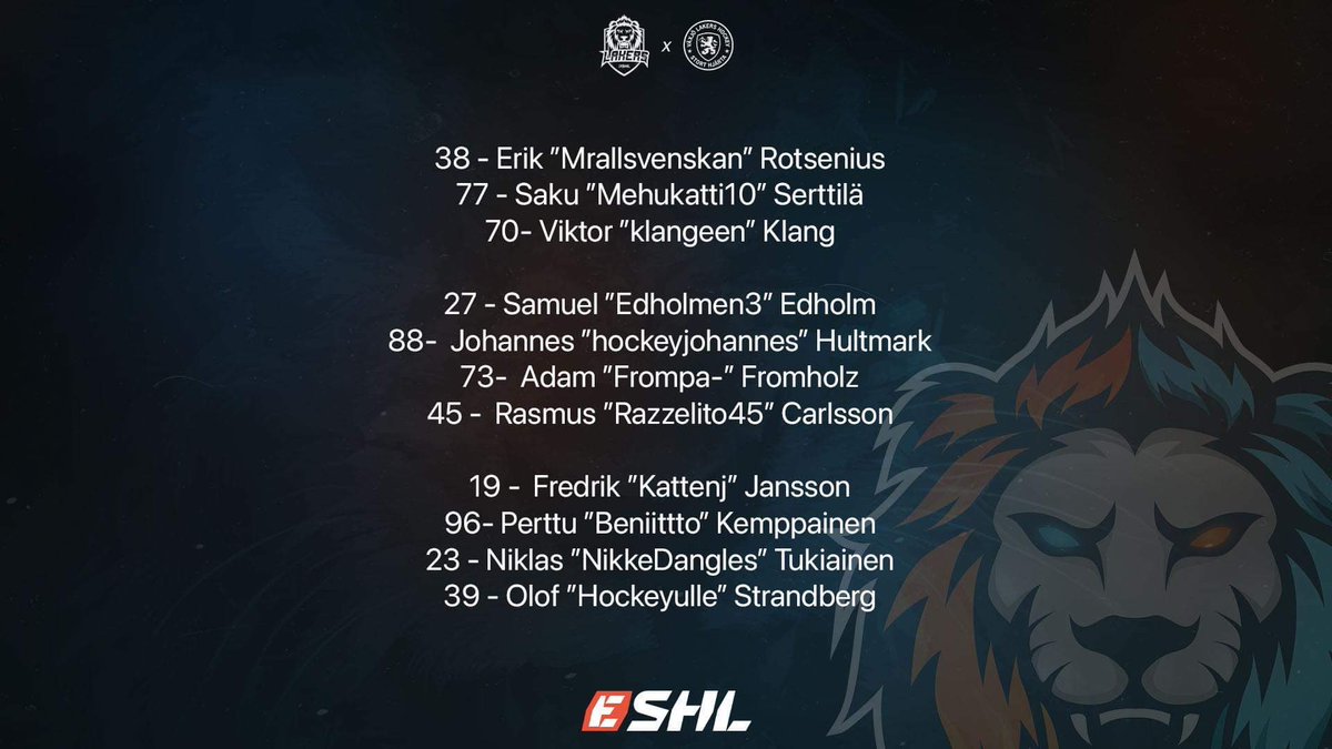 Imorgon är det äntligen dags för premiären av @eSHLse! Lakers kommer att delta i turneringen med följande laguppställning🔥🔥 @NikkeDangles & @Beniittto är på lån från @hredsofficial😋🏒 #LetsGoLakers🦁