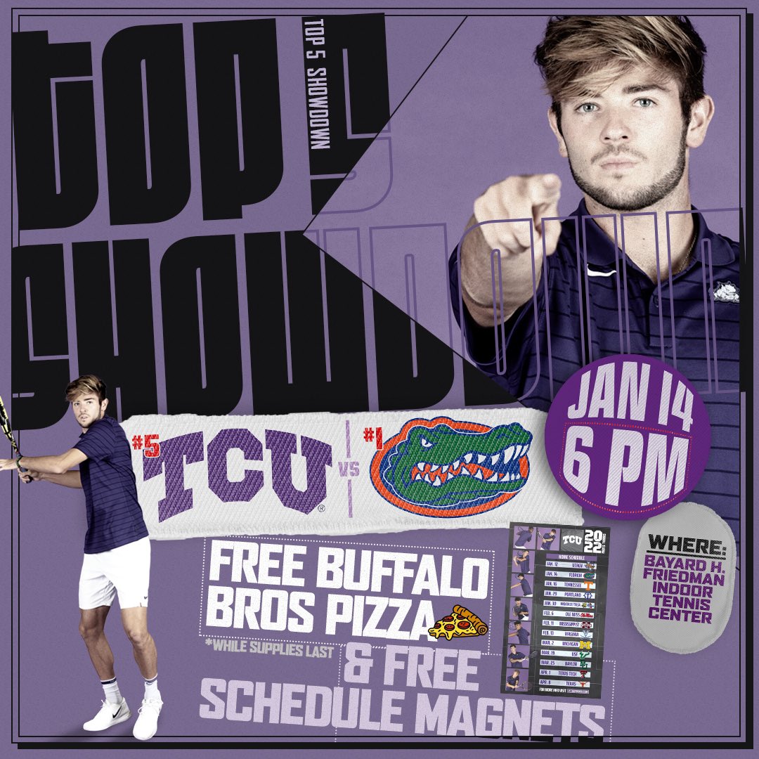 🚨 Top 5 Showdown 🚨

We need you all at the purple courts tomorrow at 6 p.m. for our match against No. 1 Florida! 

Free 🎟
Free 🍕
Free TCU Men’s Tennis schedule magnet 

See you there! #GoFrogs