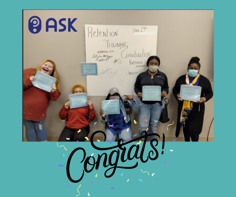 Here's to our most recent retention class graduates: Bernadette Bonner, Jasmine Williams, Kateland Johnson, Keirstyn Martin, and Yulonda Nichols. ASK is committed to #continuouslearning to ensure we provide clients the very best #customerservice.