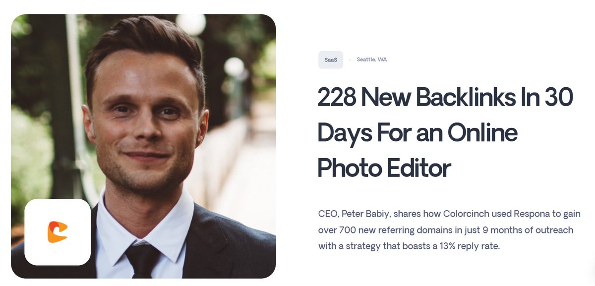 The team at <a href="/colorcinch/">Colorcinch</a> chose Respona over Buzzstream and Hubspot to scale their link building. 

Their accomplishments include:

💪 a DR of 67
👉 700+ new referring domains
🏆 1,000+ replies

Check out the rest of Colorcinch’s results here: respona.com/case-studies/c…
<a href="/PeterBabiy/">Peter Babiy</a>