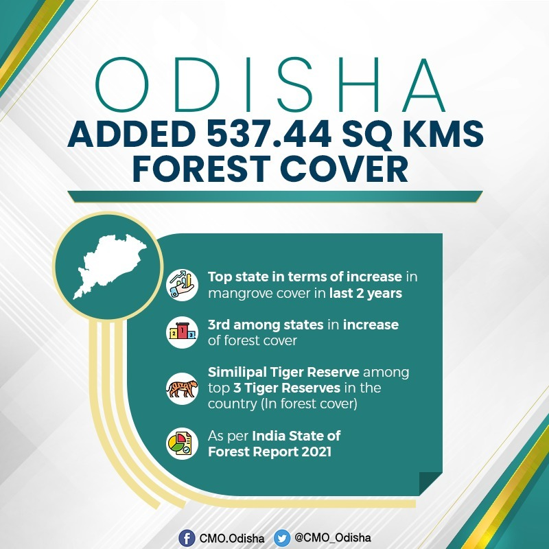 Commend @ForestDeptt as #Odisha has added 537.44 Sq Km forest cover & topped among all states in increasing mangrove cover in last 2 yrs. Odisha ranked 3rd in growth of forest cover among states as per India State of Forest Report 2021, compared to 2019 assessment. #SabujaOdisha