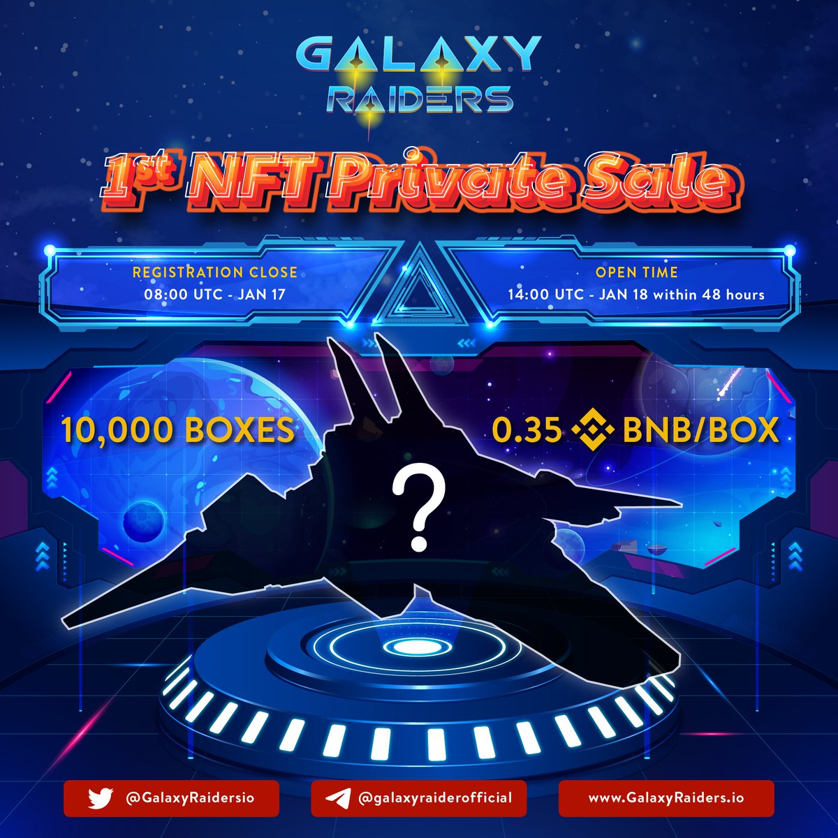 GalaxyRaidersio's tweet photo. Galaxyraiders 1st NFT Private Sales🎁
Total: 10,000 Box NFT
Price: 0.35 BNB/Box
Registration Closes:  08:00 UTC - Jan 17, 2022
Open time: 14:00 UTC Jan 18,  within 48 hours
Winners: 10,000
Can buy up to 5 boxes of NFT at a time
Mission:
https://t.co/zyQpbVeANN
#Galaxyraider #GLR https://t.co/Fz8JS62J1H