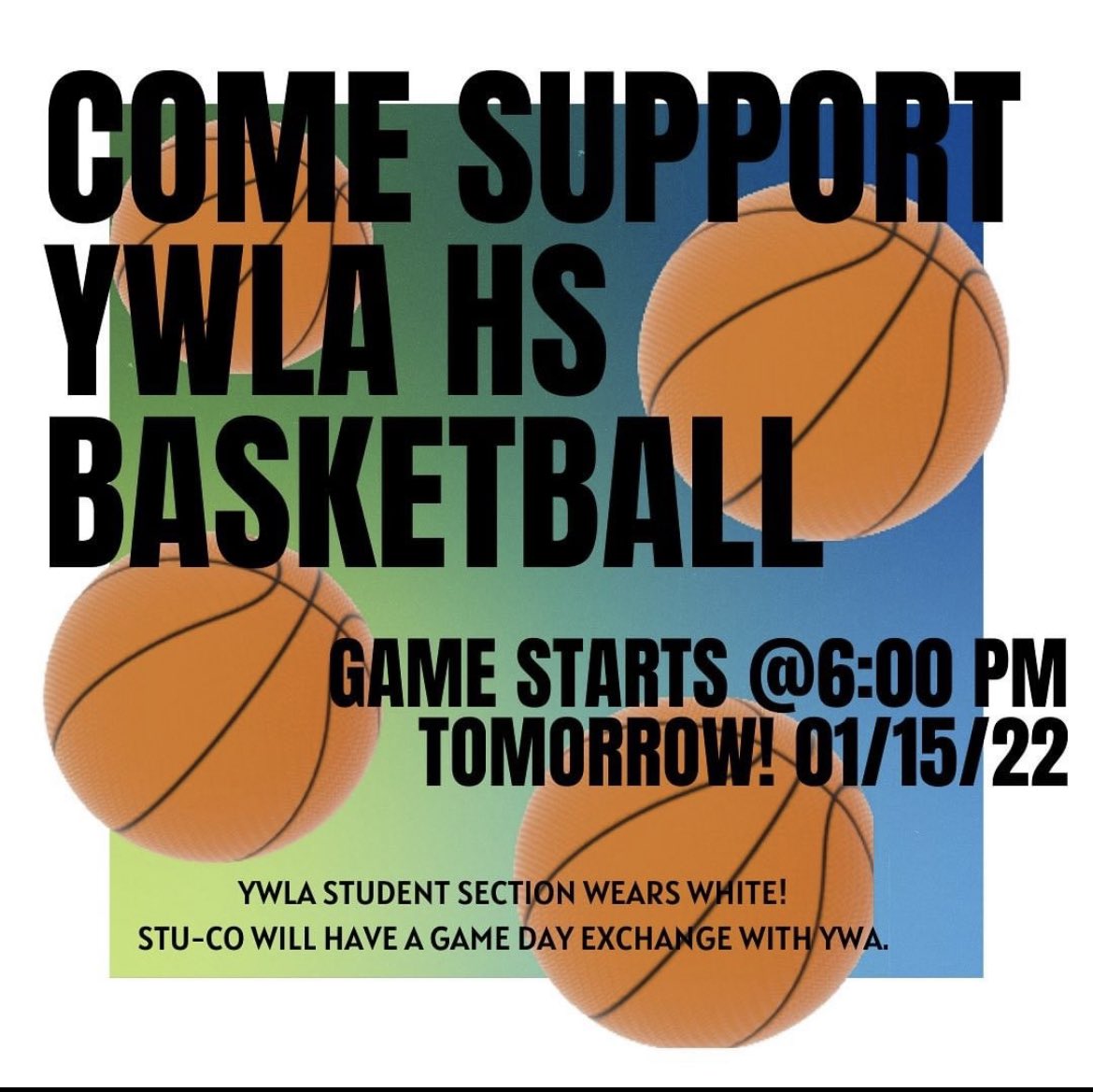 YWLASTUCOEP's tweet photo. SCHEDULE CHANGE!!!
Come support HS Basketball tomorrow at 6pm!🏀🙌🏻 Student Section is wearing white🤍 #stucoexchange #transformerspirit #studentsection @Ysleta_YWLA https://t.co/jhnKJgNqT7