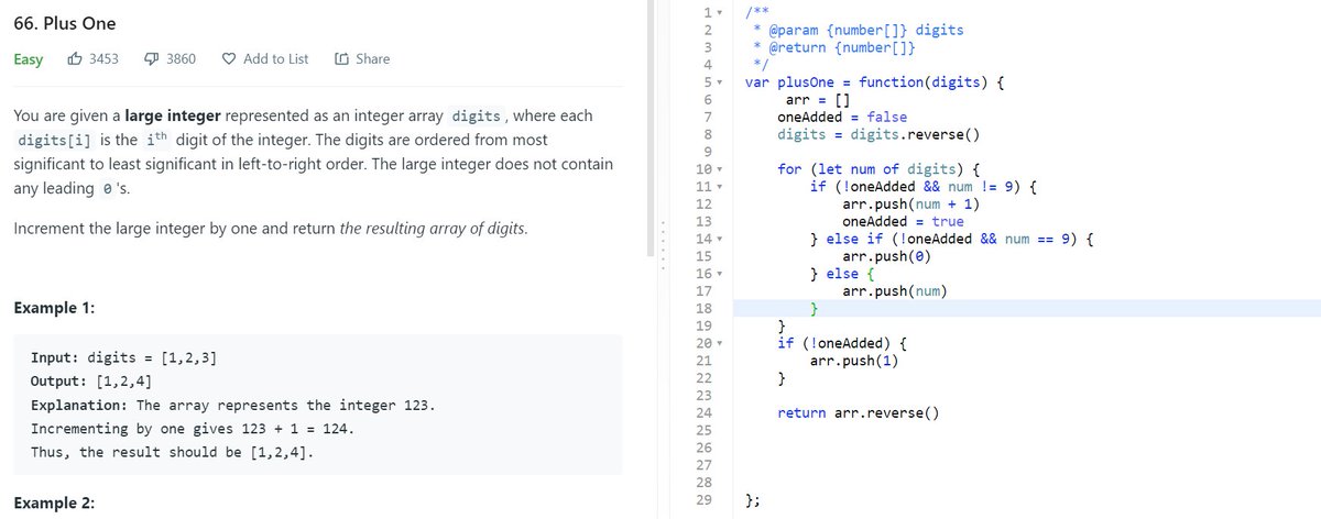 zenemm_'s tweet image. Leetcode66:
Completely forgot there was a reverse array method in JS! Wasted some time there.
Anyway, eventually came up with a solution using a stack, apparently faster than 99% of other solutions? Not sure how accurate that is but I'll take it!
#codesolution #100daysofcode