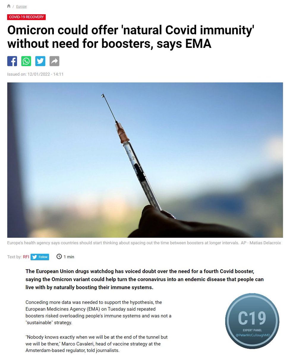 P_McCulloughMD's tweet photo. EMA foreshadowing a pull back from supplemental administrations as Omicron takes center stage at this point in the crisis.  The near total sweep of cases has rendered any additional subscription to the program as obsolete. https://t.co/XPvXkUpPZO