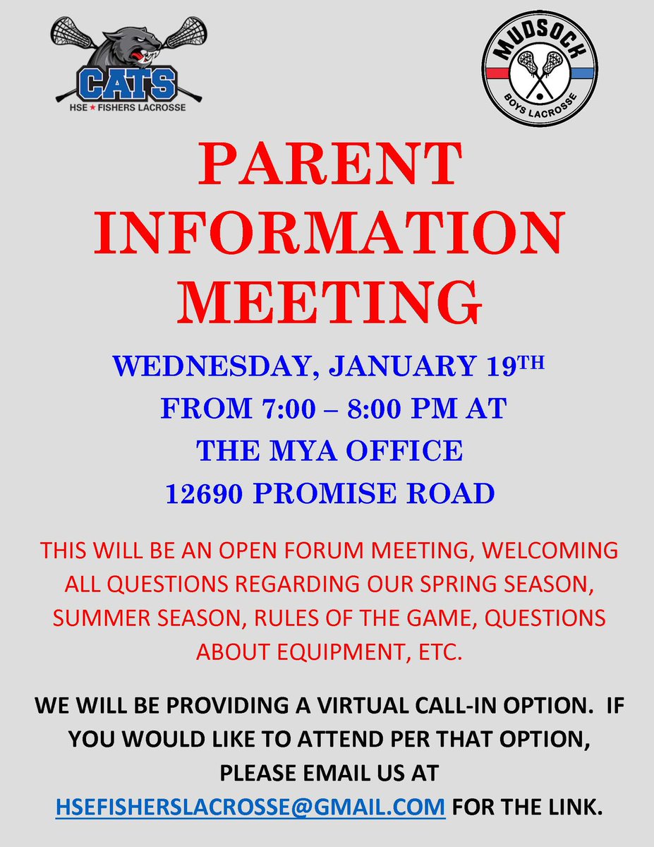 Parent Information Meeting next Wednesday. See details in attached flyer. We hope to see all of you there.