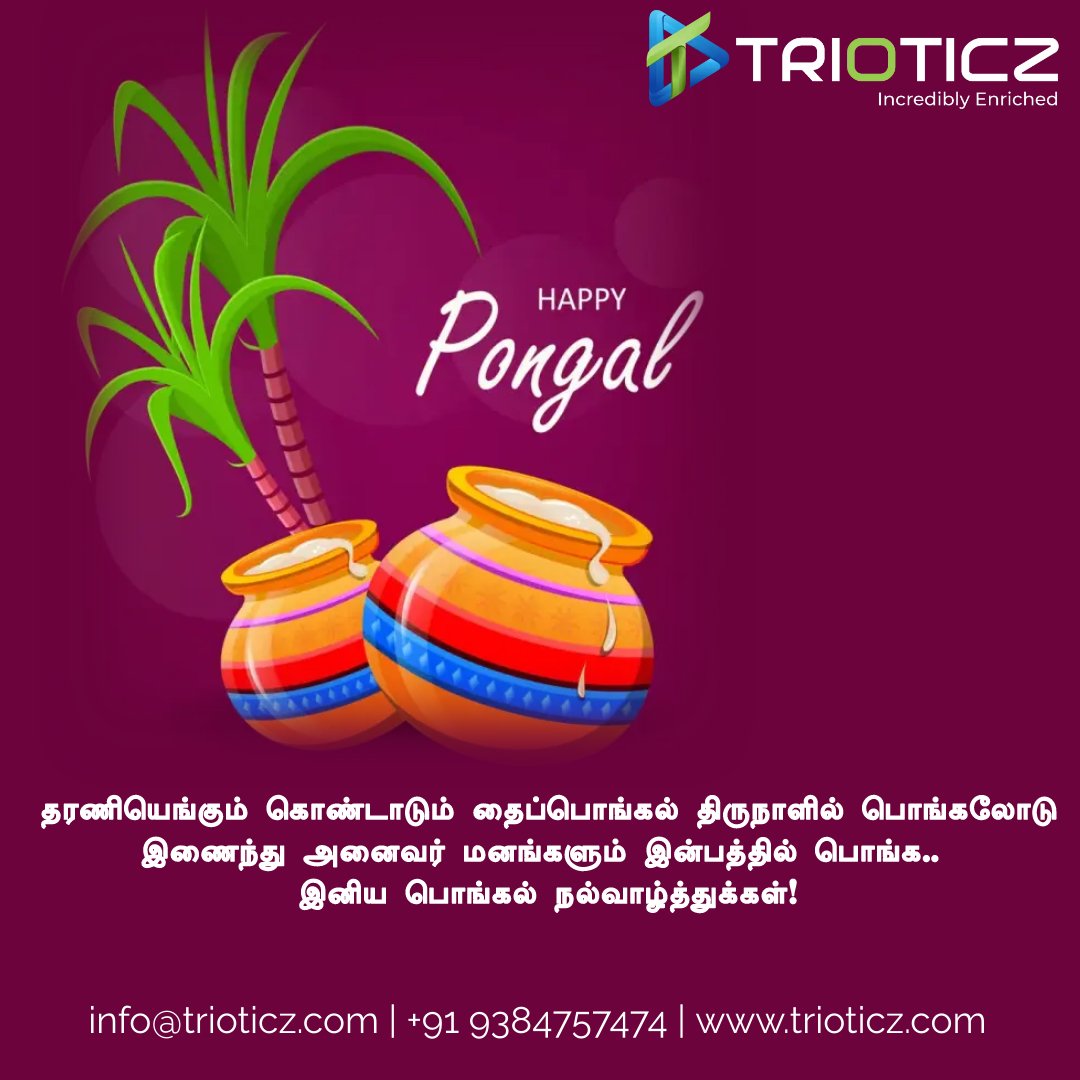 May the sweetness of overflowing milk and sugarcane fill your life with happiness and prosperity. Wishing you and your family, Happy Pongal!

#websitedesign #digitalmarketing  #socialmediamarketing #seo #softwaredevelopment  #graphicdesigning #brandingsolution  #trioticz