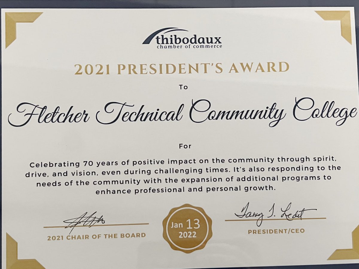 FletcherCollege's tweet photo. Thank you so much to the @ThibChamber for recognizing Fletcher for our community efforts by awarding us with this year’s President’s Award. We are so honored and thankful to receive this award.

#myfletcher 💙 https://t.co/gAM9ueWA9v