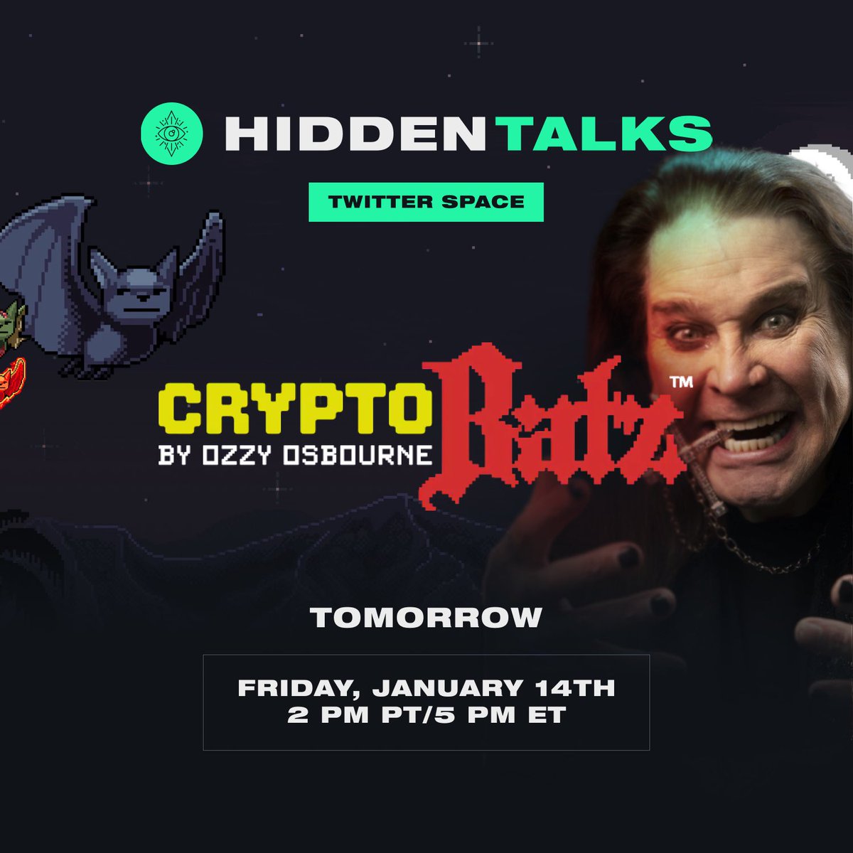 Join us for the very first “Hidden Talks” Space with the Team behind Ozzy Osbourne’s <a href="/CryptoBatzNFT/">CryptoBatz</a> Tomorrow at 2pm PT / 5pm ET! 🦇

Don’t forget to set a Reminder 👇
x.com/i/spaces/1nAKE…