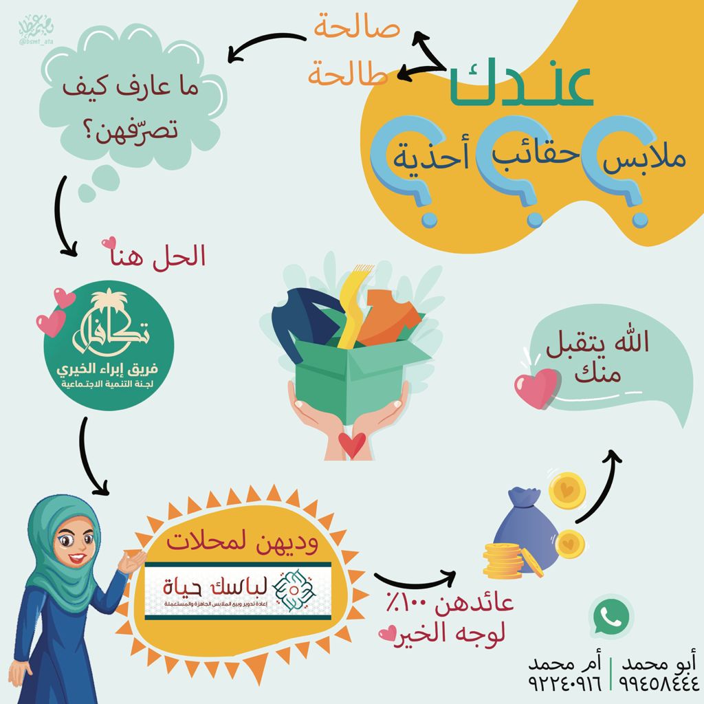 #فريق_إبراء_الخيري
برنامج #لباسك_حياة

ملابسك خير لغيرك نرتبها ونقدمها للمحتاجين بأجمل صورة والباقي يتم بيعه لشركة التدوير الملابس وليكون الدخل لأسر #فريق_إبراء_الخيري 

#نستبدل_ملابسك_بالنقود