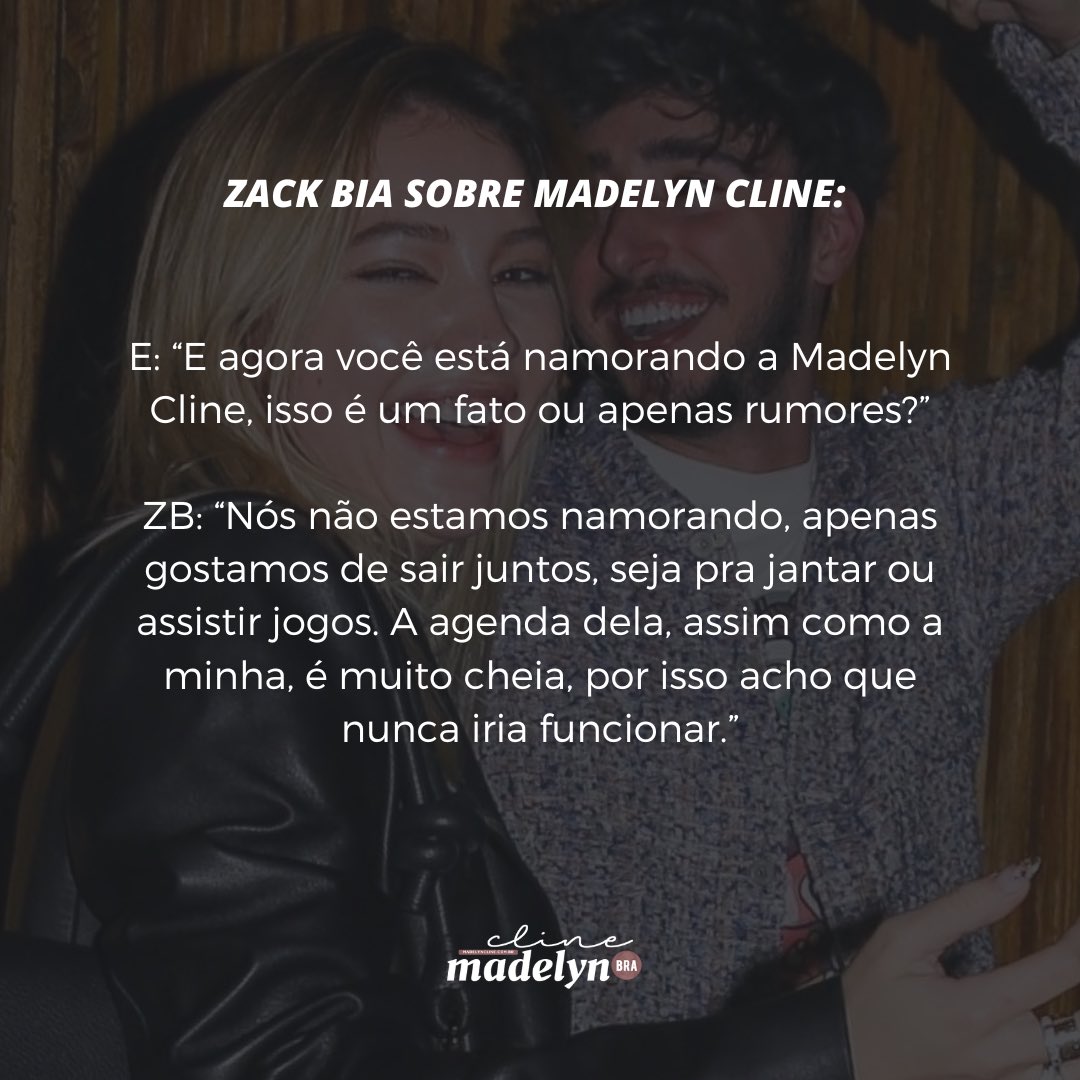 madelynclinebr's tweet photo. Em recente entrevista, Zack Bia falou um pouco sobre sua relação com Madelyn Cline. 

“[...] Ela é ambiciosa e uma querida!” — confira o restante da tradução na imagem à baixo: https://t.co/Ar45O2ksIs