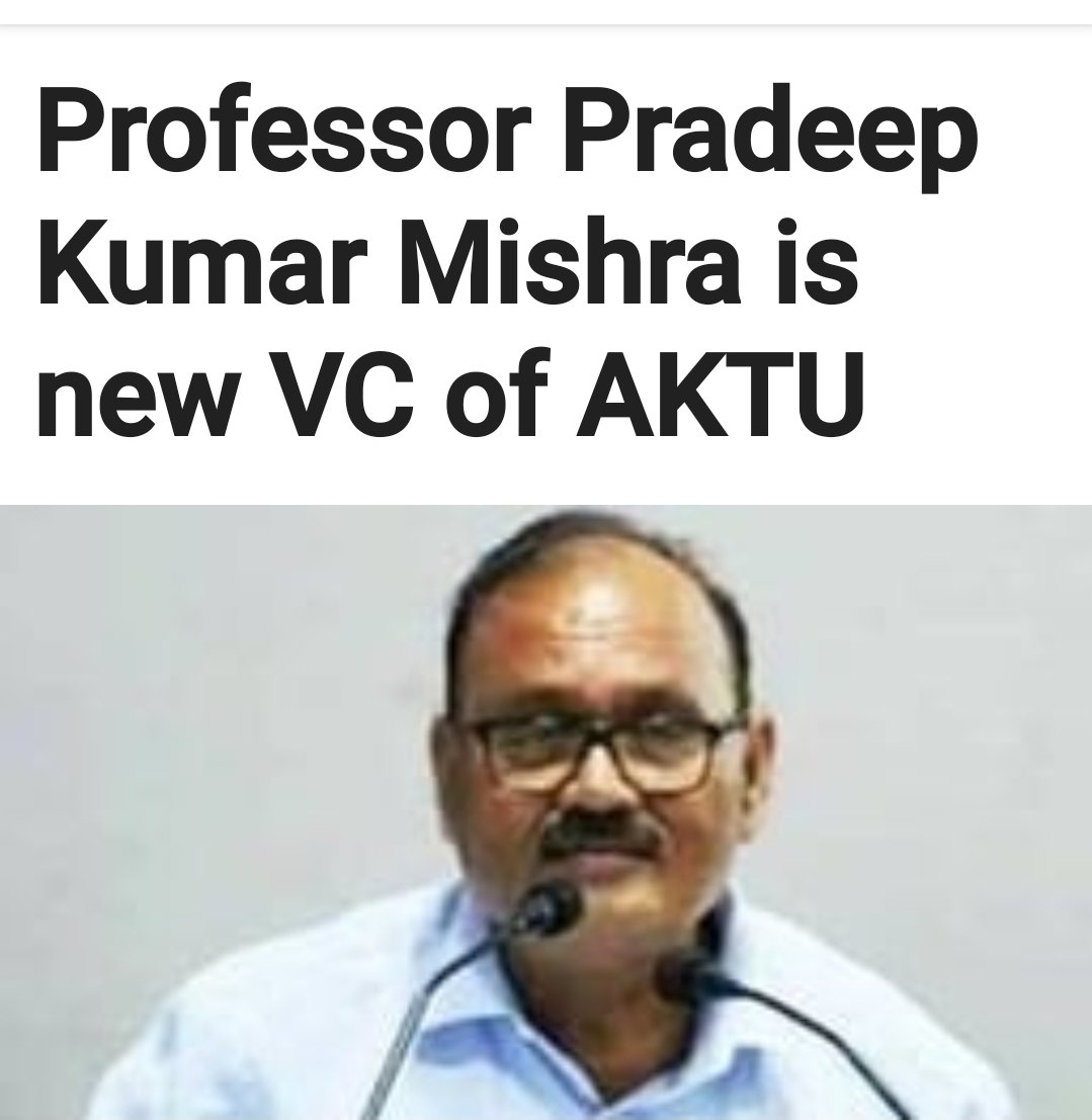 Rajeev Mullick 🇮🇳 (@rmulko) on Twitter photo The newly appointed vice chancellor of Dr APJ Abdul Kalam Technical University ,(<a href="/AKTU_Lucknow/">AKTU</a>), Prof Pradeep Kumar Mishra is likely to take charge on Saturday (January 15).
.<a href="/GovernorofUp/">Governor of Uttar Pradesh</a> <a href="/anandibenpatel/">Anandiben Patel</a> appointed Prof Mishra as the VC of AKTU for a period of 3 years. The newly appointed vice chancellor of Dr APJ Abdul Kalam Technical University ,(<a href="/AKTU_Lucknow/">AKTU</a>), Prof Pradeep Kumar Mishra is likely to take charge on Saturday (January 15).
.<a href="/GovernorofUp/">Governor of Uttar Pradesh</a> <a href="/anandibenpatel/">Anandiben Patel</a> appointed Prof Mishra as the VC of AKTU for a period of 3 years.