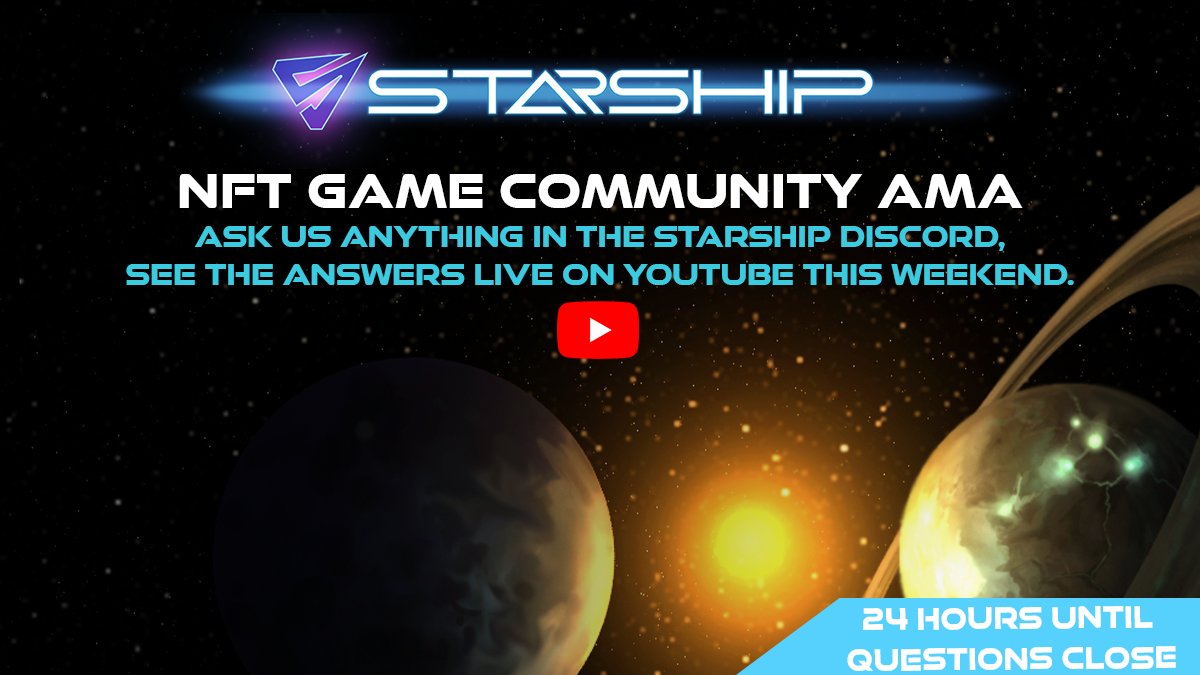 DeployStarShip's tweet photo. Are you looking forward to the first Starship #NFTGame AMA of the year?

Question submissions close tomorrow, ask us anything in the ama-questions channel, on Discord now!

Check out our discord announcements for more information: https://t.co/5rYxFxyQfP

#DeployStarship #P2E https://t.co/QCQ8AKkoCq