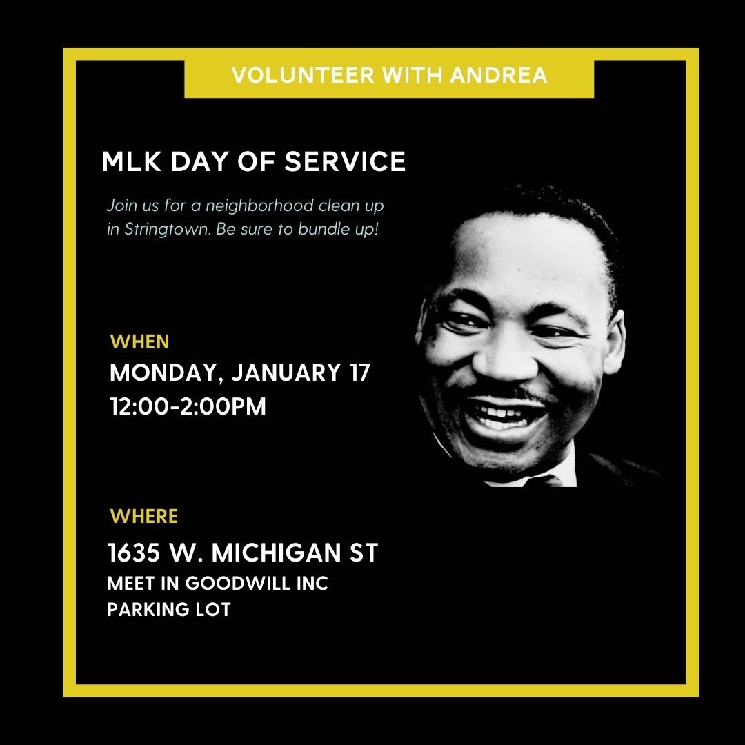 AndreaHunley_IN's tweet photo. Honor #MLKDay by serving others. Looking for a way to serve? Join me for a neighborhood clean up along the White River Parkway in #Stringtown. Mon 1/17 from 12-2pm. #readytoserve https://t.co/IXwyQOGjbE