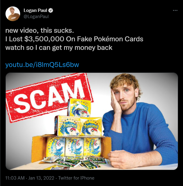 This is hilarious, but don't QRT to dunk on him or watch the video. Logan Paul ruined Pokemon Card collecting by bringing this kind of attention to the hobby and inviting a massive wave of scammers and scalpers.

Don't give him any views.

He made his bed, time to sleep in it.