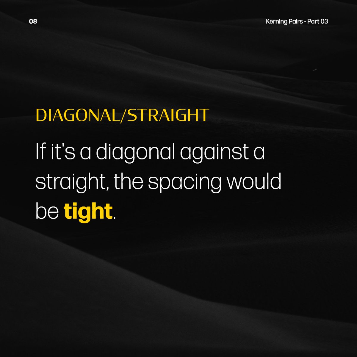 ThinSeed's tweet photo. Diagonal/Curve
If you have a diagonal character next to a curved character, this would have very tight spacing.

Diagonal/Straight
If it's a diagonal against a straight, the spacing would be normal. https://t.co/HAdyTUj350