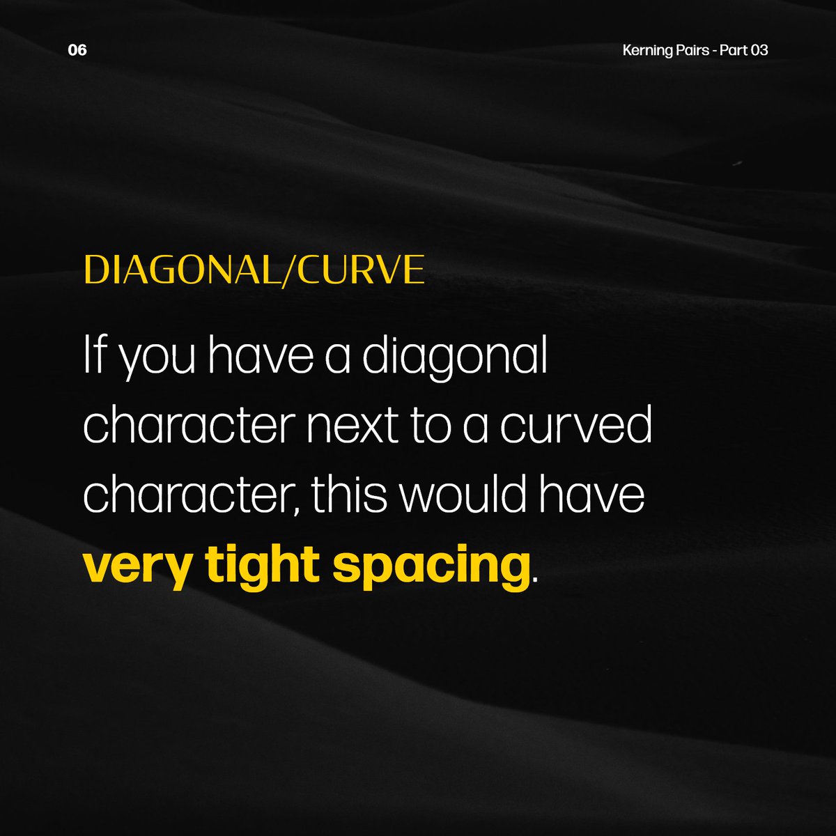 ThinSeed's tweet photo. Diagonal/Curve
If you have a diagonal character next to a curved character, this would have very tight spacing.

Diagonal/Straight
If it's a diagonal against a straight, the spacing would be normal. https://t.co/HAdyTUj350