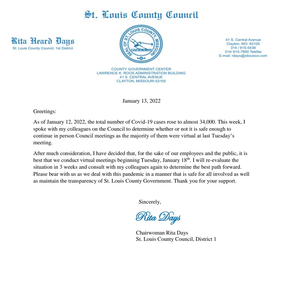 Chairwoman Rita Days' statement regarding virtual St. Louis County Council meetings. #stlco #stlcounty #ritadays
