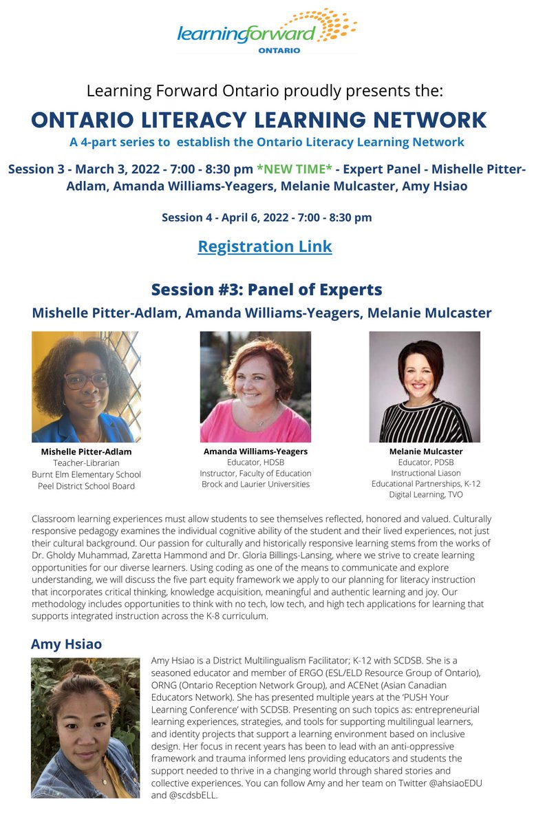 Attention Ontario Literacy Learning Network (aka all Literacy educators &amp; leaders!) Time to register for Session #3 Panel of experts: @burntElmLibrary <a href="/the_mulc/">Melanie Mulcaster</a> <a href="/ahsiaoEDU/">Amy Hsiao</a> &amp; Amanda Williams-Yeager! 

Click link to register, &amp; see flyer for details! eventbrite.ca/e/learning-for…