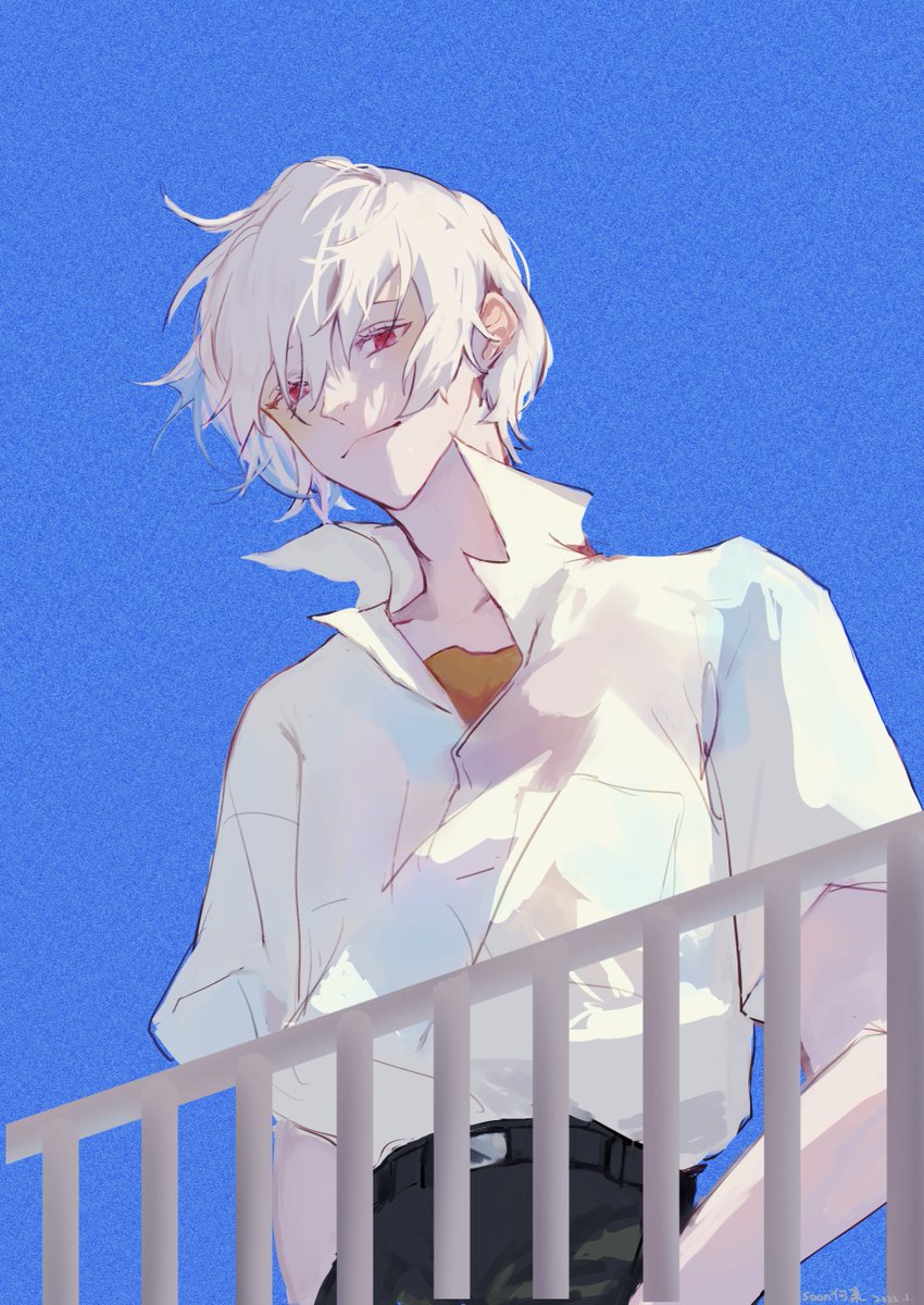 nagisa kaworu 1boy male focus solo shirt red eyes white hair white shirt  illustration images