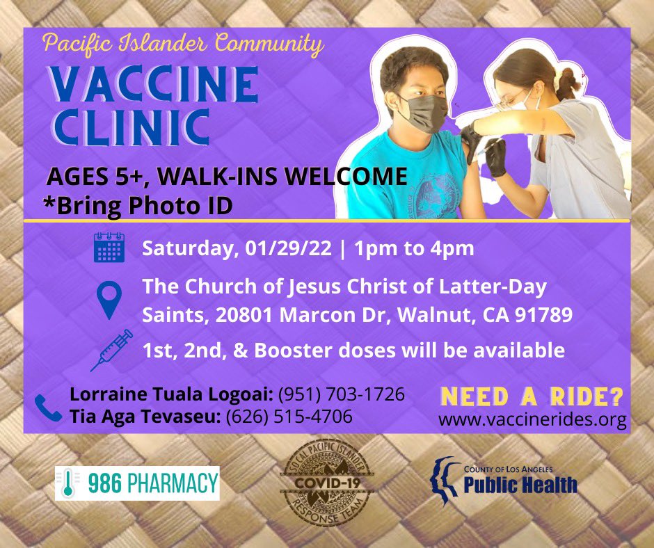 SoCalPICRT's tweet photo. Are you looking for a vaccine clinic in the Walnut area?
Join us on SATURDAY, 01/29 from 1pm to 4pm.
1st, 2nd, & boosters will be available.
#TogetherTowardsHealth #BeVaccineConfident
#NHPIHealth https://t.co/RUumWYqm24