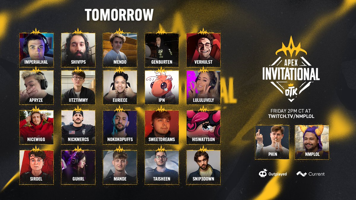 OTKnetwork's tweet photo. $50,000 OTK APEX INVITATIONAL ππ
20 Captains.
60 Players.
A whole lot of chaos βοΈ
Powered by @current w/ #outplayed app!
TOMORROW @ 2PM CT
https://t.co/Lei5nYHZN6 | #OTKAPEX
**Full list of players in thread** https://t.co/2epEDoG6tI